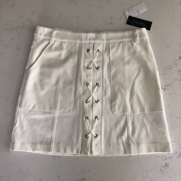 Premise Rayon/Nylon Blend Mini Skirt w Lace Up Design & Pockets Off White Sz 6 - Picture 1 of 10